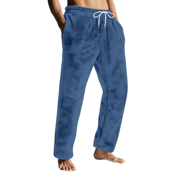 Wutalume Men's Flannel Pajama Pants with Drawstring and Pockets, Designed for Home and Lounge Use, Featuring Comfortable Fit and Easy Maintenance,Blue L