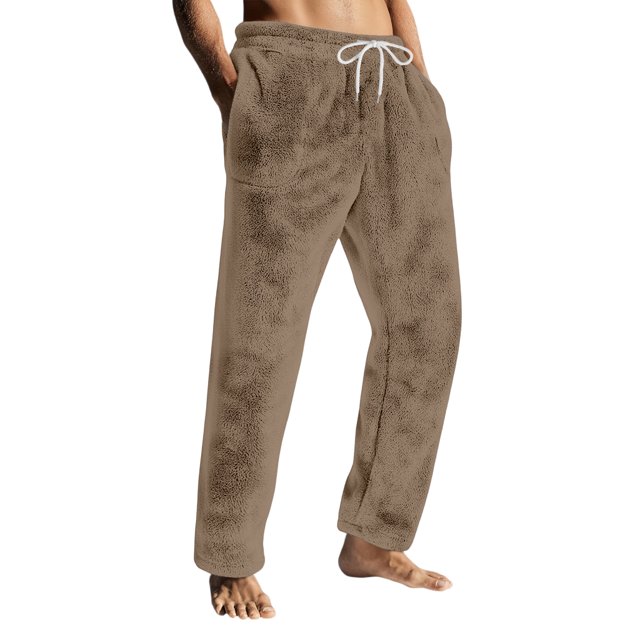 Wutalume Men's Flannel Pajama Pants with Drawstring and Pockets, Designed for Home and Lounge Use, Featuring Comfortable Fit and Easy Maintenance,Light Brown L
