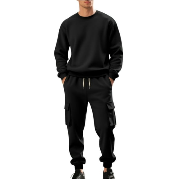 Wutalume Men's Fleece Round-Neck Sweatshirt Set with Loose Fit Long-Sleeved Sweatshirt and Work Pants, Casual Two-Piece for Comfort and Durability,Black M