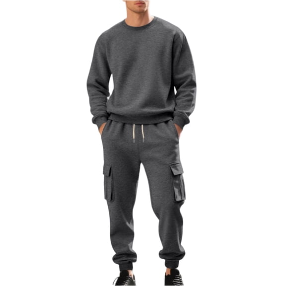 Wutalume Men's Fleece Round-Neck Sweatshirt Set with Loose Fit Long-Sleeved Sweatshirt and Work Pants, Casual Two-Piece for Comfort and Durability,Dark Gray M