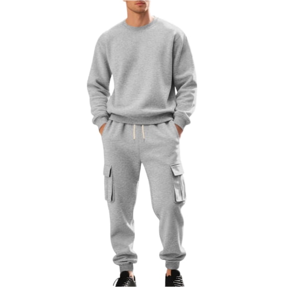 Wutalume Men's Fleece Round-Neck Sweatshirt Set with Loose Fit Long-Sleeved Sweatshirt and Work Pants, Casual Two-Piece for Comfort and Durability,Light Gray M