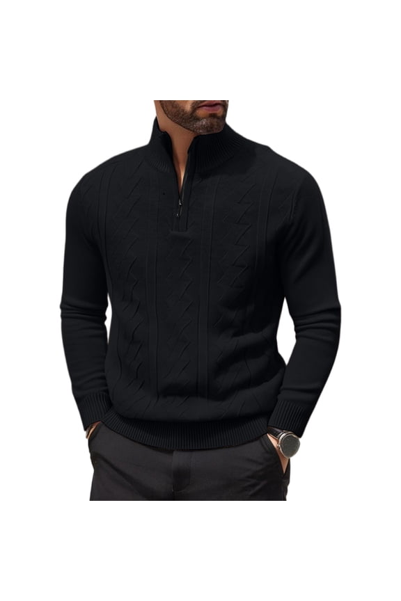 Men's Half Zipper Pullover Long Sleeve Knitted Sweater in Solid Color, Versatile and Warm for Everyday Use,Black XL
