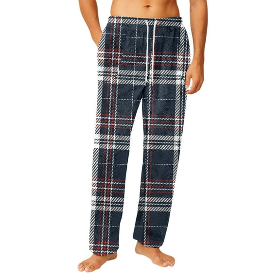 Wutalume Men's Home Soft Pajama Pants with Drawstring and Pockets, Flannel Checkered Print Casual Sports Pants for Comfortable Home Use,Navy 2XL