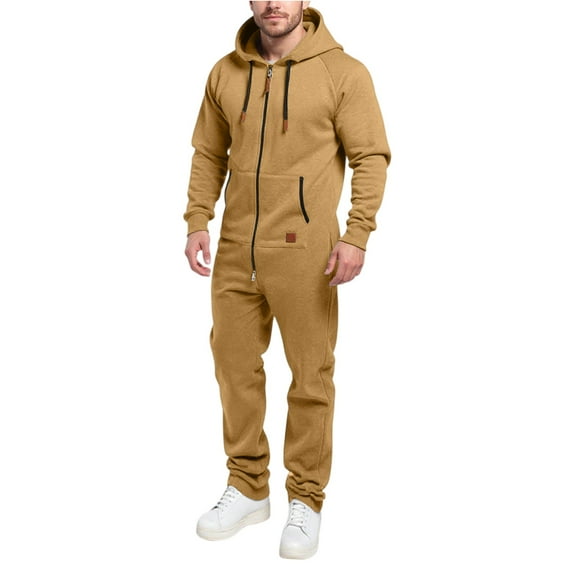 Wutalume Men's Hooded Jumpsuit Zip Up Pajamas Playsuit with Jogger Design, Comfortable and Warm for Lounge and Sleep, Solid Color and Color-Block Options,Khaki L