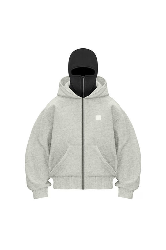 Men's Hoodie Balaclava Half Zip Pullover, Windproof Streetwear for Men, Double Hooded Design with Gothic Style, Comfortable for Casual and Outdoor Activities,Light Gray M