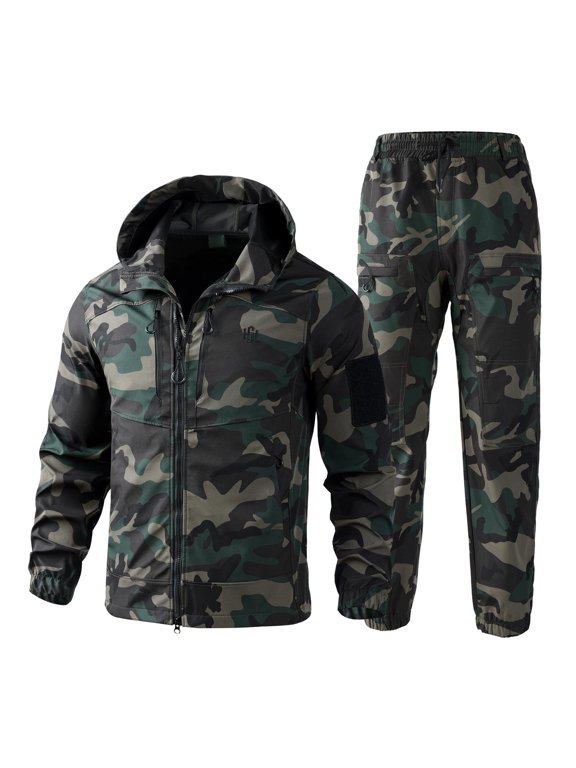 Men's Jacket Suit with Workwear Design, Wear Resistant Camouflage and Hooded Training Suit for Mountaineering and Outdoor Adventures,Camouflage M