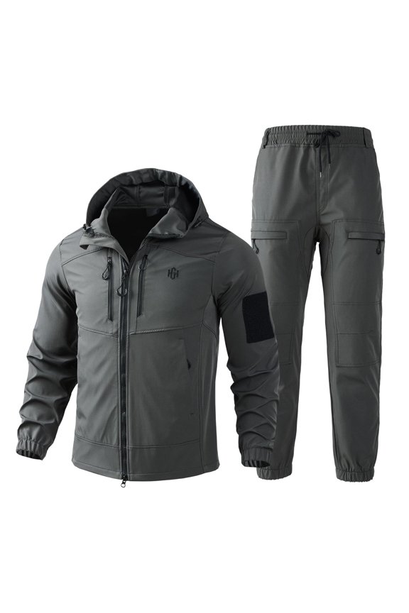 Men's Jacket Suit with Workwear Design, Wear Resistant Camouflage and Hooded Training Suit for Mountaineering and Outdoor Adventures,Gray L