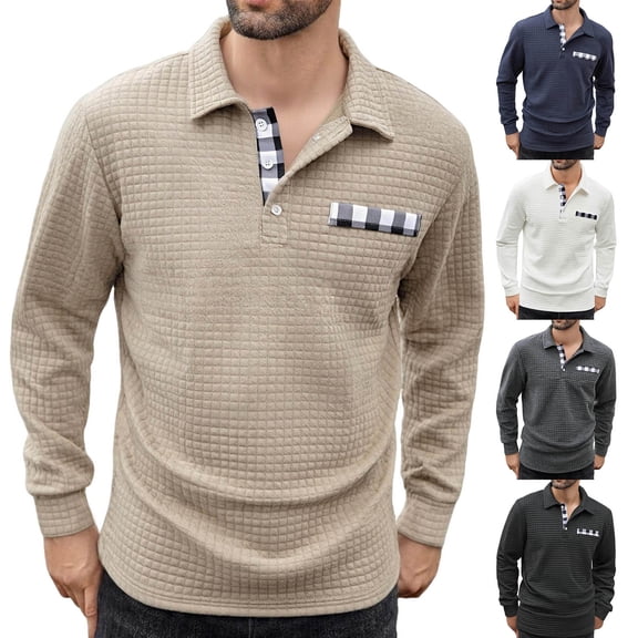 Wutalume Men's Lapel Single Breasted Plaid Top, Casual Sporty Long Sleeve Shirt, Comfortable Fit for Golf, Outdoor and Smart Casual Wear,Khaki XL