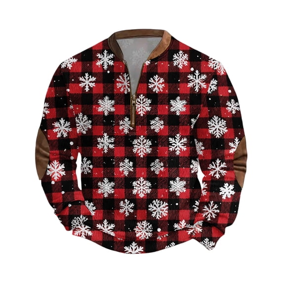 Wutalume Men's Leisure Christmas Print Zip Up Sweatshirt, Stand Collar Pullover Tops with Long Sleeve, Casual Design for Holiday and Everyday Outdoor Wear,Red XL