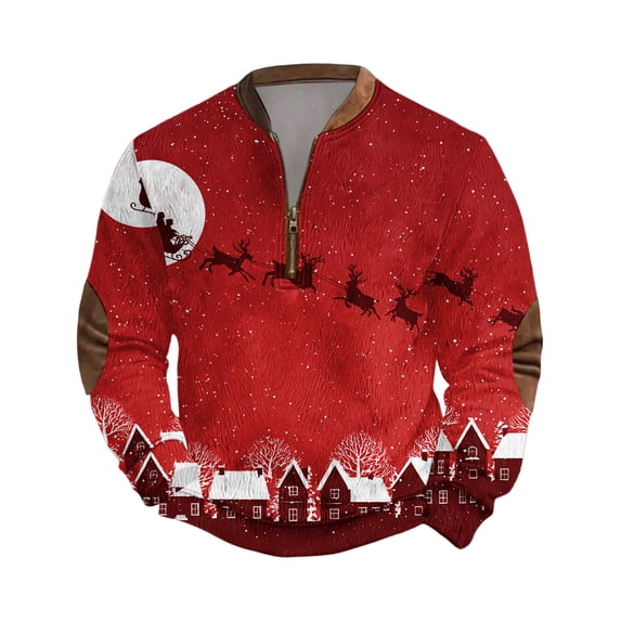 Wutalume Men's Leisure Christmas Print Zip Up Sweatshirt, Stand Collar Pullover Tops with Long Sleeve, Casual Design for Holiday and Everyday Outdoor Wear,Wine 2XL