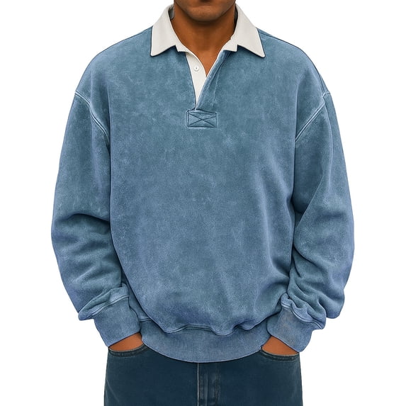 Wutalume Men's Leisure Flip Collar Long Sleeve Pullover Hoodie, Casual Stylish Sweatshirt with Comfort Fit, Perfect for Outdoor and Everyday Wear,Sky Blue 2XL