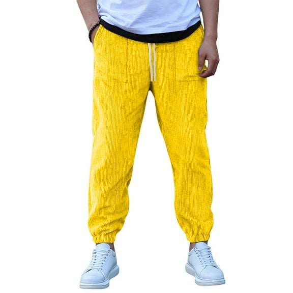 Wutalume Men's Loose-Fit Stretch Corduroy Lightweight Breathable Pants, Comfortable and Flexible Trousers for Casual and Daily Wear,Yellow M