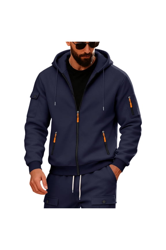 Men's Loose Hooded Zipper Arm Pocket Cardigan, Men's Sports Casual Sweatshirt Jacket, Comfortable Fit with Unique Design,for Outdoor and Athletic Activities,Navy M