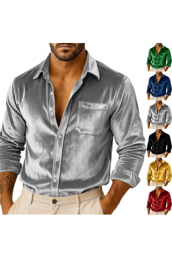 Men's Luxury Velvet Button-Down Shirt, Loose Fit Casual Dress Shirt for Party, Holiday and Daily Wear, Soft Plush Fabric for Comfort,Yellow L