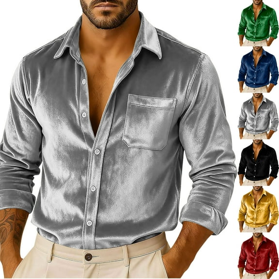 Wutalume Men's Luxury Velvet Button-Down Shirt, Loose Fit Casual Dress Shirt for Party, Holiday and Daily Wear, Soft Plush Fabric for Comfort,Black L