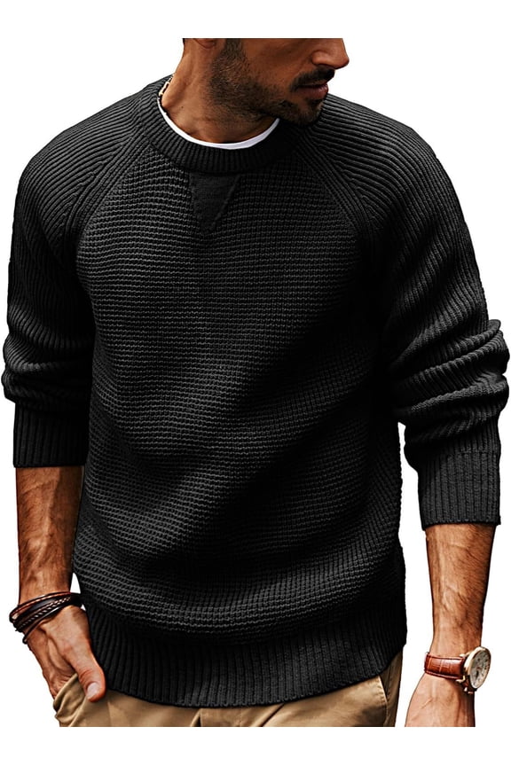 Men's Outdoor Casual Loose Plain Round Neck Sweater Knitwear, Durable and Comfortable for Hiking and Leisure,Black 2XL