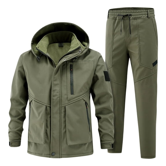 Wutalume Men's Outdoor Jacket Suit with Plus Velvet Lining, Cold Proof Windproof Warm Design for Cycling and Mountaineering, Durable and Functional,Army Green L