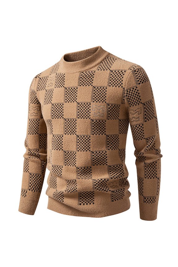 Men's Plaid Half Turtleneck Sweater with Thickened Casual Pullover Knitted Top, Warm and Stylish for Cold Weather,Khaki M