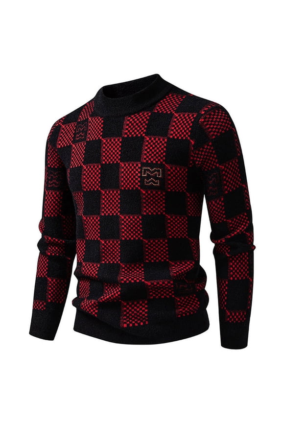 Men's Plaid Half Turtleneck Sweater with Thickened Casual Pullover Knitted Top, Warm and Stylish for Cold Weather,Red L