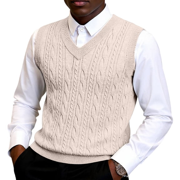 Wutalume Men's Popular V-Neck Thickened Knitting Sleeveless Sweater Vest, Lightweight and Warm for Layering in Cool Weather,Beige L