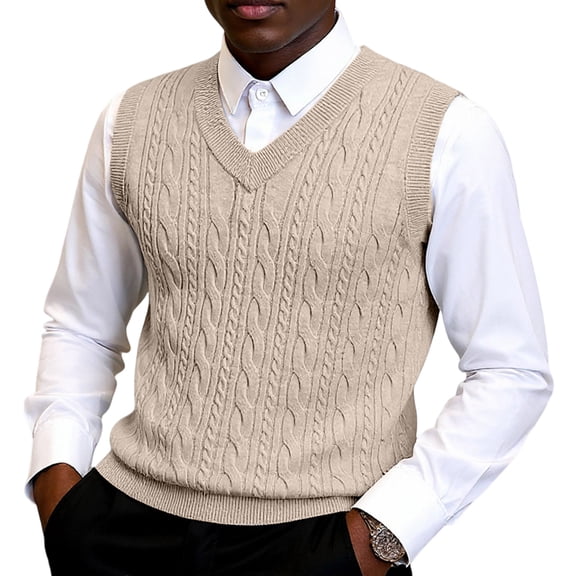 Wutalume Men's Popular V-Neck Thickened Knitting Sleeveless Sweater Vest, Lightweight and Warm for Layering in Cool Weather,Khaki L