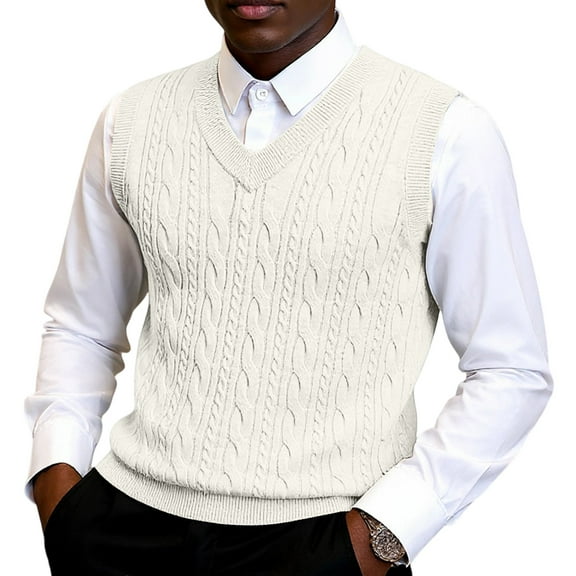 Wutalume Men's Popular V-Neck Thickened Knitting Sleeveless Sweater Vest, Lightweight and Warm for Layering in Cool Weather,White XL