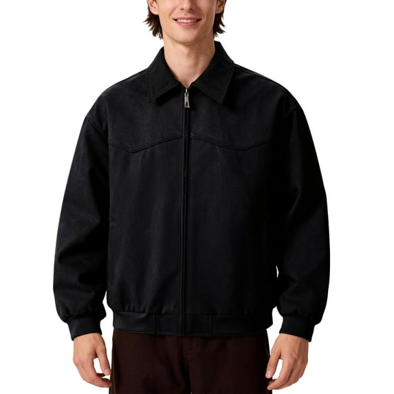 Wutalume Men's Retro Canvas Cargo Jacket with Corduroy Lapel, Metal Zipper, and Side Pockets, Vintage Design for Casual Outfits, Durable and Functional for Everyday Use,Black L