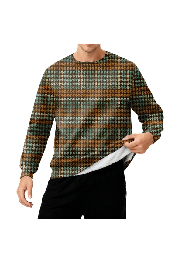 Men's Round Neck Fleece Lined Thick Warm Sweatshirt with Plaid Print, Casual Long Sleeve Pullover, Cozy Fabric for Cold Weather and Outdoor Use,Army Green L