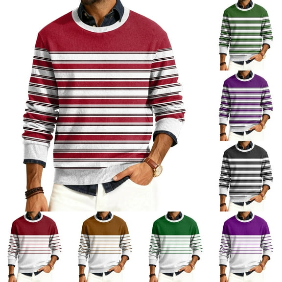 Wutalume Men's Round Neck Ribbed Knit Pullover, Long Sleeve Striped Print Sweater, Comfortable Stretch Top for Casual Layering and Everyday Wear,Red 3XL