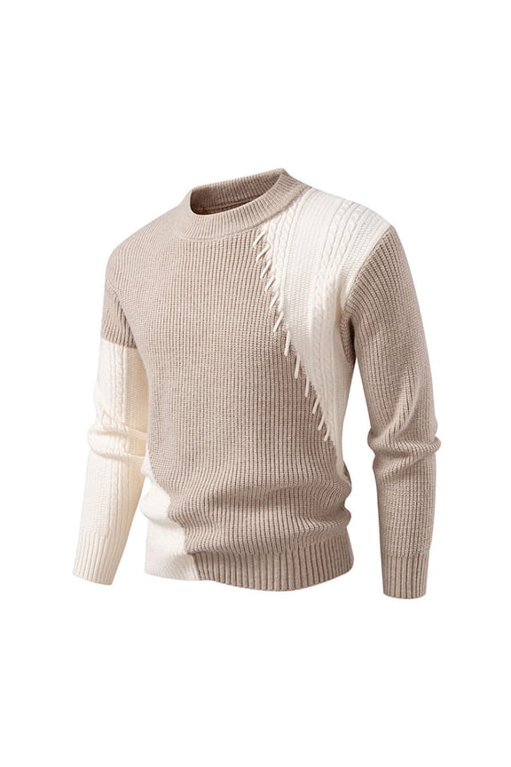 Men's Round Neck Stitching Sweater Casual Modified Warm Pullover, Comfortable and Fashionable for Everyday Use,Beige L