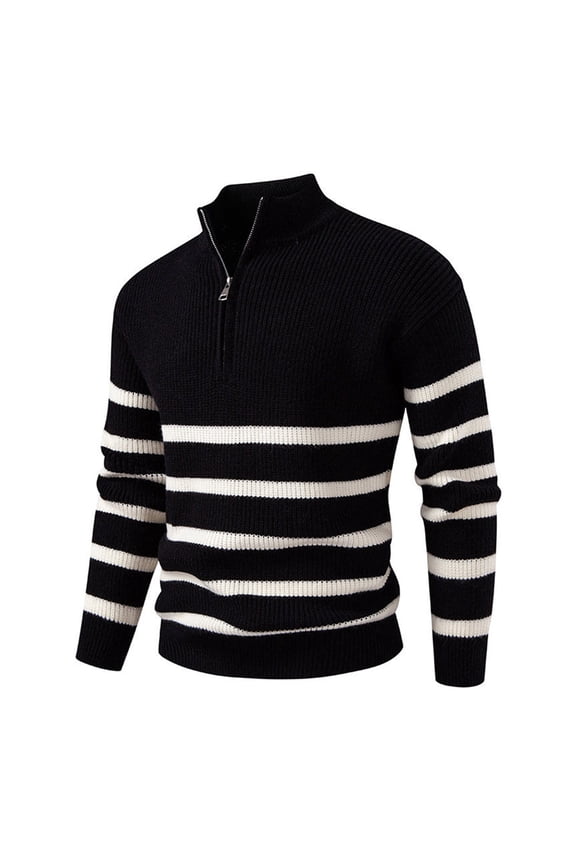 Men's Round Neck Striped Colorblock Sweater with Half Zip Stand Collar Inner Slim Pullover, Versatile for Layering,Black 3XL