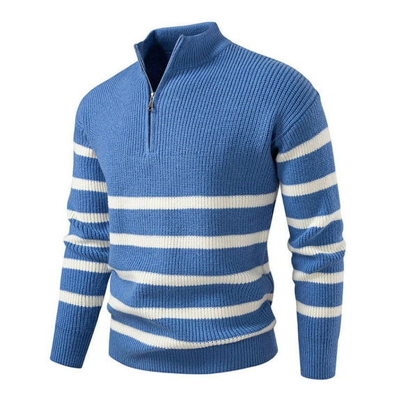 Wutalume Men's Round Neck Striped Colorblock Sweater with Half Zip Stand Collar Inner Slim Pullover, Versatile for Layering,Blue XL