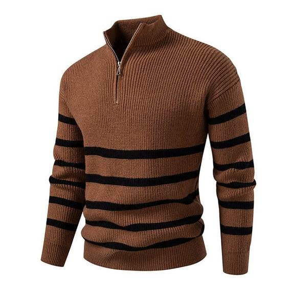Wutalume Men's Round Neck Striped Colorblock Sweater with Half Zip Stand Collar Inner Slim Pullover, Versatile for Layering,Coffee XL