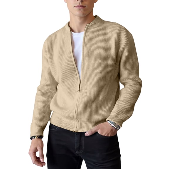 Wutalume Men's Self-Cultivation Leisure Round Neck Business Keep Warm Knitted Sweater Long Sleeves Cardigan Jacket Coat, Slim Fit for Men, Perfect for Office and Casual,Khaki XL