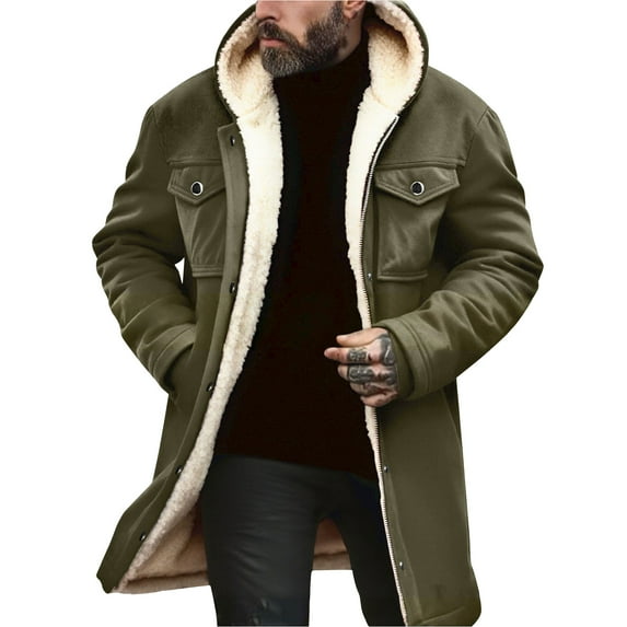 Wutalume Men's Solid Color Button Pocket Work Wear Plus Leather Jacket, Casual Long Coat with Warm Lining, Durable Build for Work and Leisure,Green XL