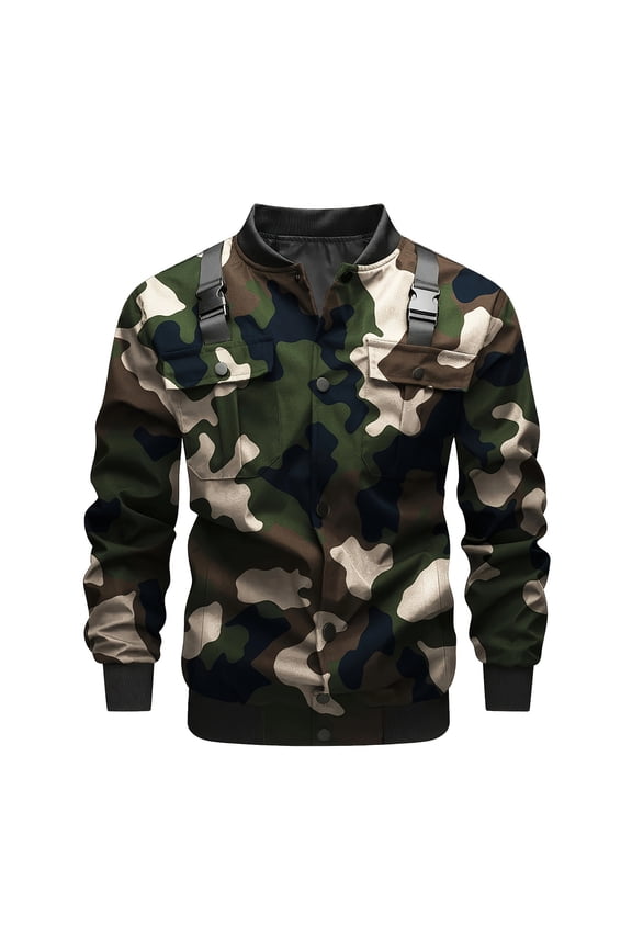 Men's Solid Color Camouflage Outdoor Sports Jacket with Pocket Button, Casual Jacket for Men, Stylish and Practical, Suitable for Outdoor Activities and Everyday Use,Camouflage 2XL
