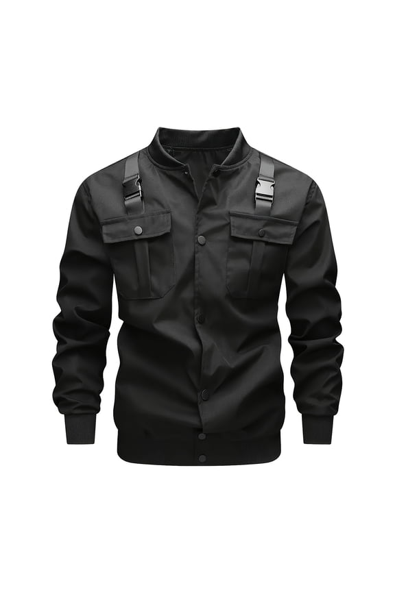 Men's Solid Color Camouflage Outdoor Sports Jacket with Pocket Button, Casual Jacket for Men, Stylish and Practical, Suitable for Outdoor Activities and Everyday Use,Black L