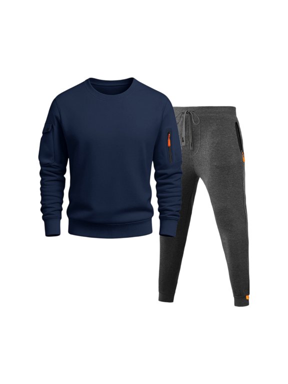 Men's Solid Color Casual Sports Sweatshirt Suit with Round Neck and Pocket Design, Comfortable Fabric for Lounge and Light Exercise, Two-Piece Set for Men,Dark Gray 3XL