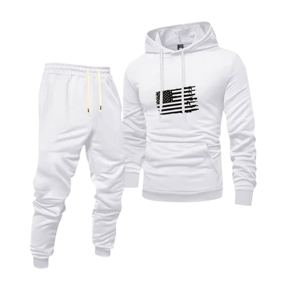 Wutalume Men's Solid Color Flag Print Hooded Sweatshirt and Sweatpants Set, Versatile and Universal Design for Casual Sports and Lounge, Comfortable and Stylish,White M