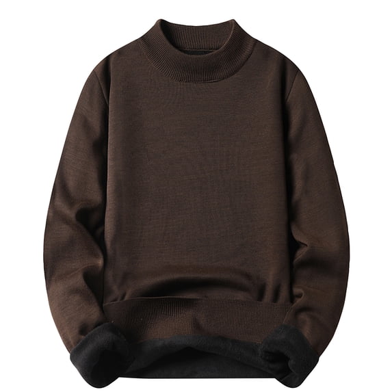 Wutalume Men's Solid Color Fleece-Lined Knitted Sweater for Casual Base Layer, Warm and Soft, Perfect for Everyday Comfort and Winter Style,Coffee M
