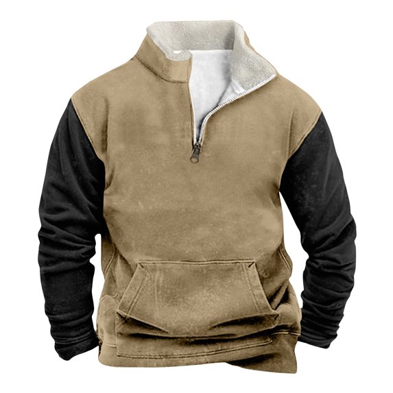 Wutalume Men's Standing Collar Sweatshirt for Outdoor Casual Wear, Loose Fit Long Sleeve with Pocket, Spring Tops with Durable Material for Active Lifestyles,Light Brown M