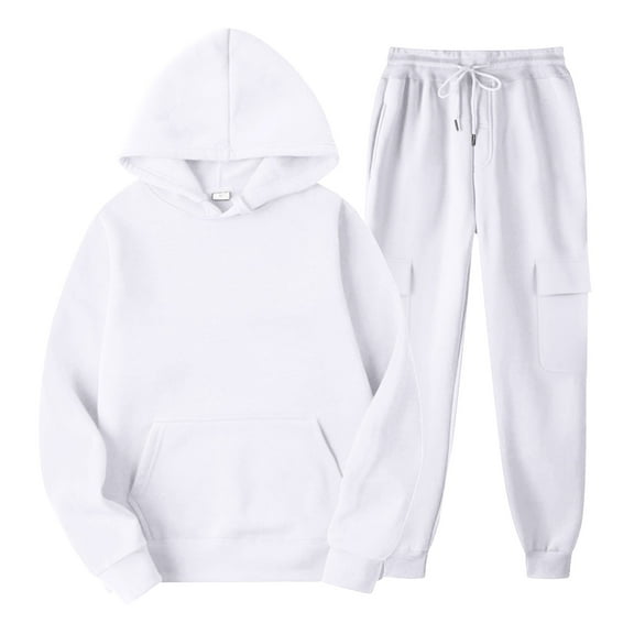 Wutalume Men's Sweatshirt Suit with Solid Color Design, Casual Sports Set for Lounge and Light Activities, Two-Piece Outfit with Comfortable Fabric,White M