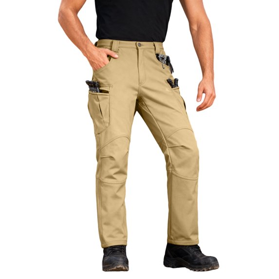 Wutalume Men's Tactical Ripstop Cargo Pants with Multiple Pockets, Water-Resistant and Fleece-Lined for Warmth, Ideal for Hiking, Camping, Construction Work and Outdoor Activities,Khaki S