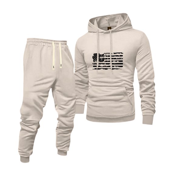 Wutalume Men's Universal Solid Color Flag Print Hooded Sweatshirt and Sweatpants Set, Versatile Fit for Sports and Lounge, Comfortable Fabric with Modern Style,Beige 2XL