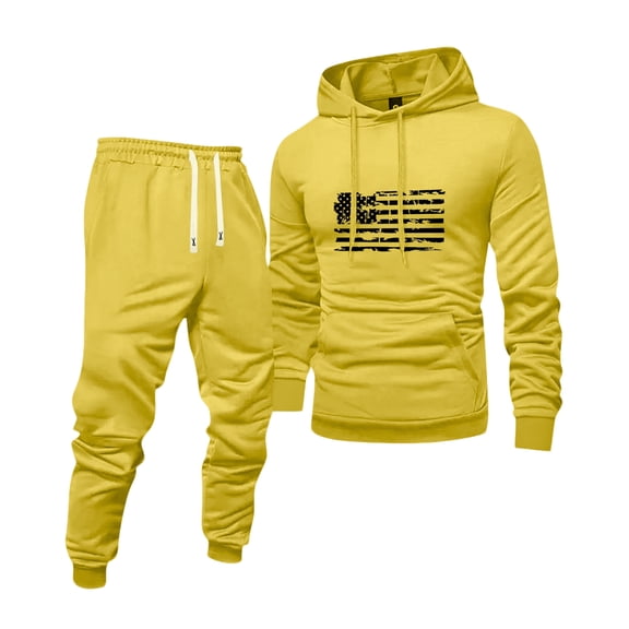 Wutalume Men's Universal Solid Color Flag Print Hooded Sweatshirt and Sweatpants Set, Versatile Fit for Sports and Lounge, Comfortable Fabric with Modern Style,Yellow M