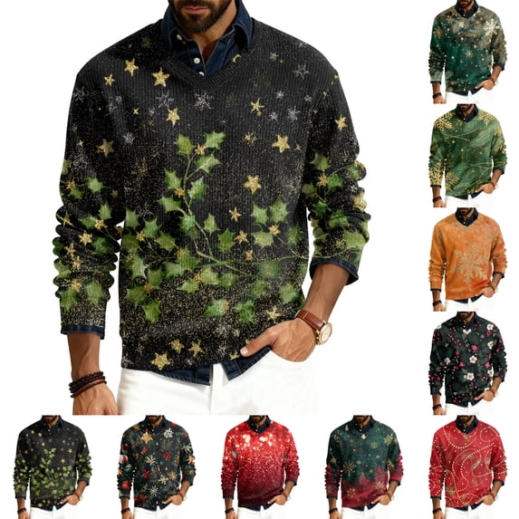 Wutalume Men's V-Neck Christmas Print Sweater, Long Sleeve Ribbed Knit Pullover, Cozy Stretch Top for Holiday Parties, Casual Comfort and Layering,Deep Red 4XL