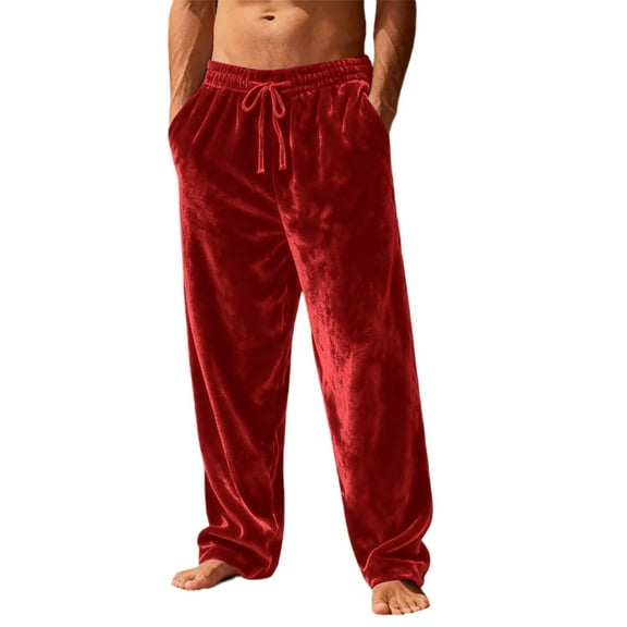 Wutalume Men's Velour Casual Pants with Loose-Fit Design, Elastic Waistband and Drawstring for Easy Adjustability, Perfect for Daily Wear,Red 2XL