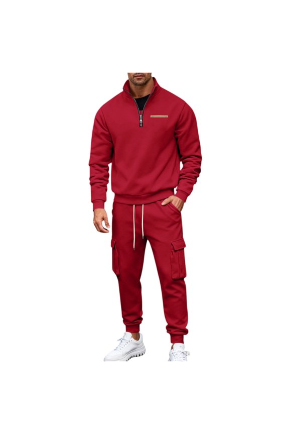 Men's Winter Fleece Multi-Pocket Zipper Sweatshirt Two-Piece Set with Personalized Sweatpants, Casual Hoodie Suit for Outdoor and Daily Use,Red 3XL