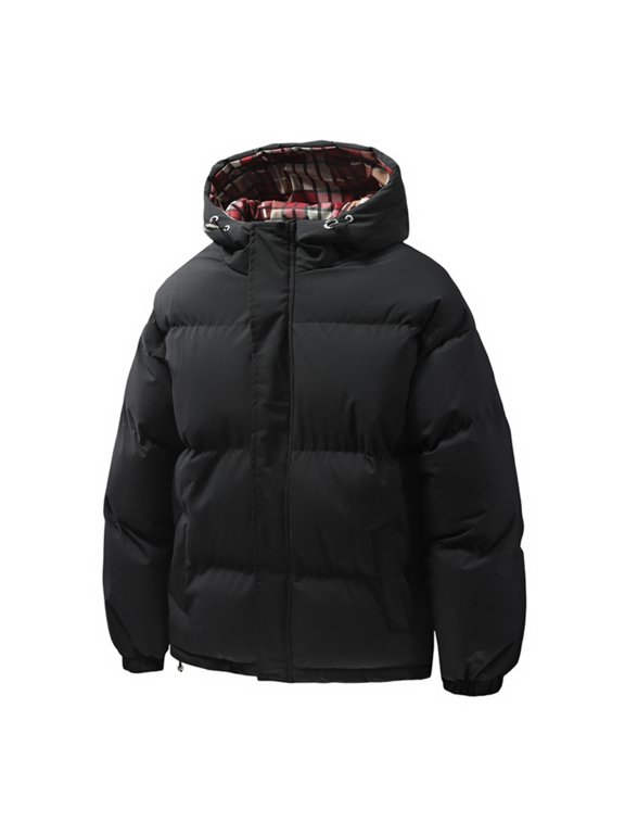 Men's and Women's Solid Color Casual Down Cotton-Padded Jacket, Men's Inner Checkered Printed Bread Jacket with Fleece Thickened Hood,Black L