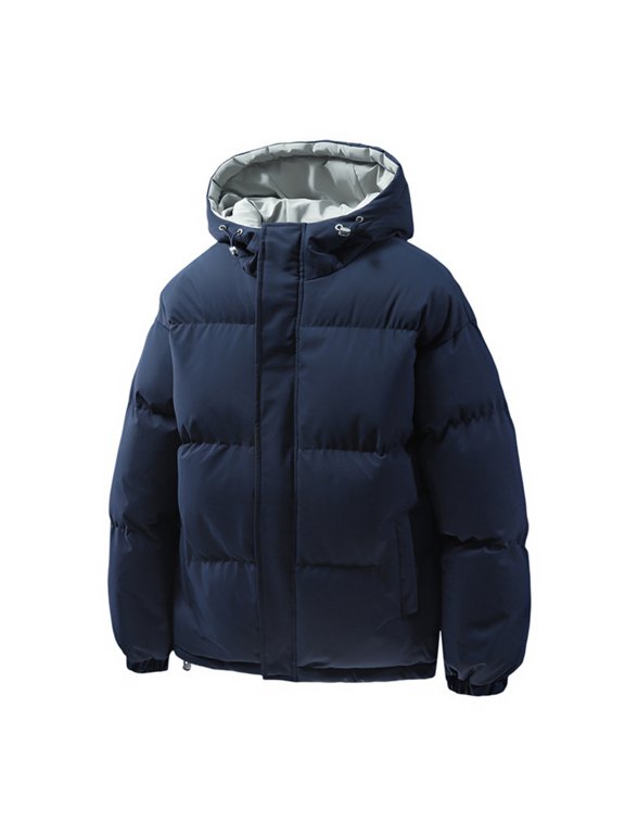 Men's and Women's Solid Color Casual Down Cotton-Padded Jackets, Men's Bread Jacket with Fleece and Thickened Hooded Design, Warm and Stylish for Winter Fashion,Navy 2XL